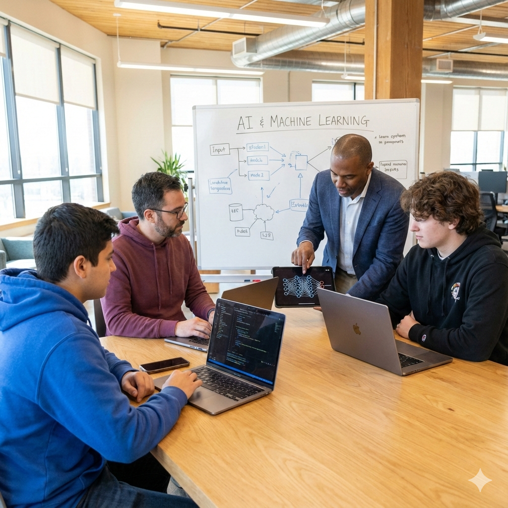 Illustration of students and professionals learning AI