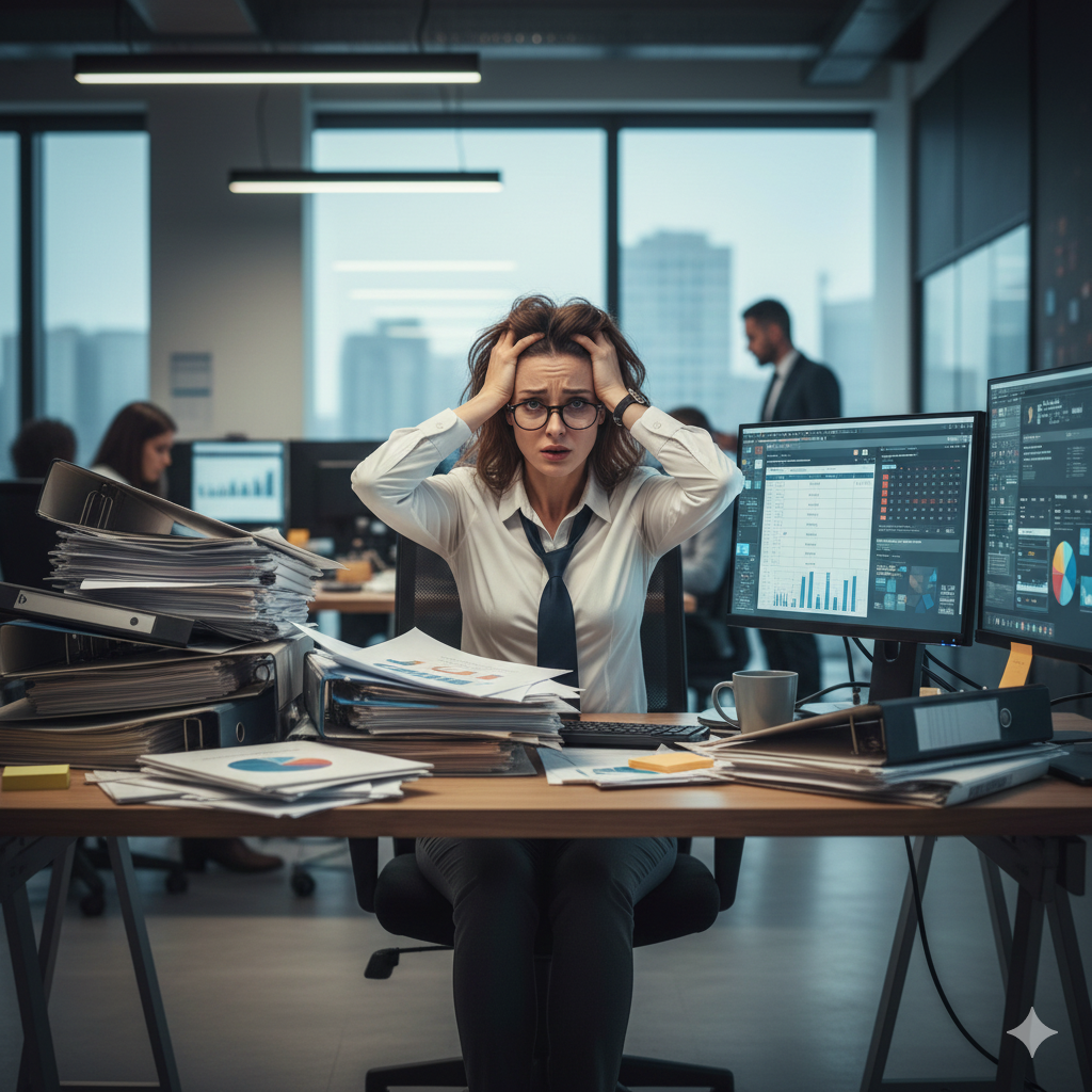 Professional overwhelmed by paper and digital tasks, looking stressed. Size: 800x600