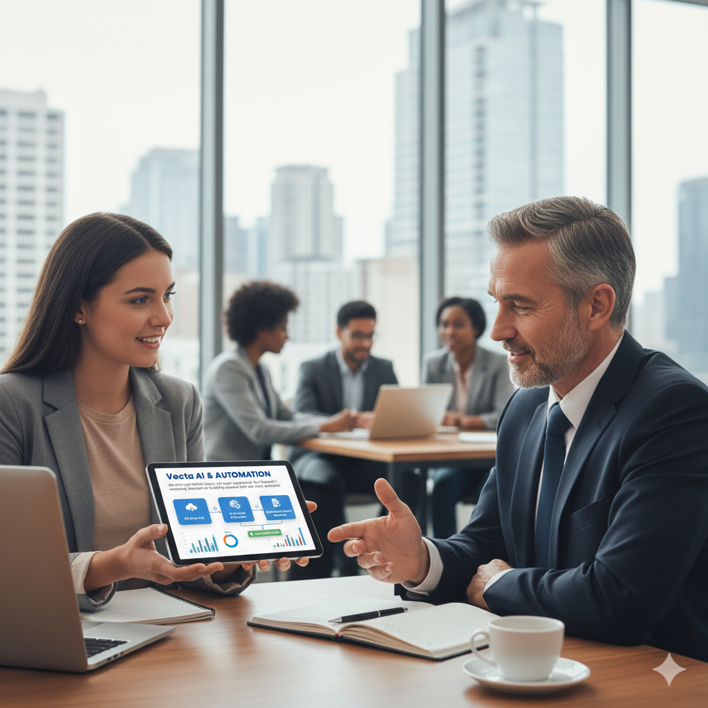 Student confidently showing a tablet with a dashboard to a professional interviewer. Size: 800x600